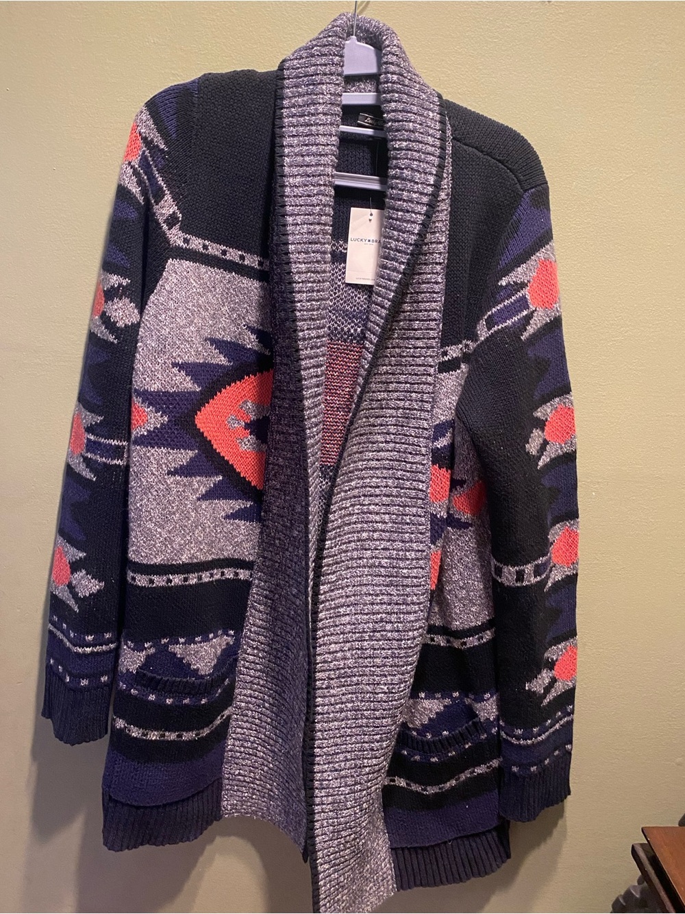 Lucky Brand XL Aztec Knit Cardigan - Navy, Gray & Coral